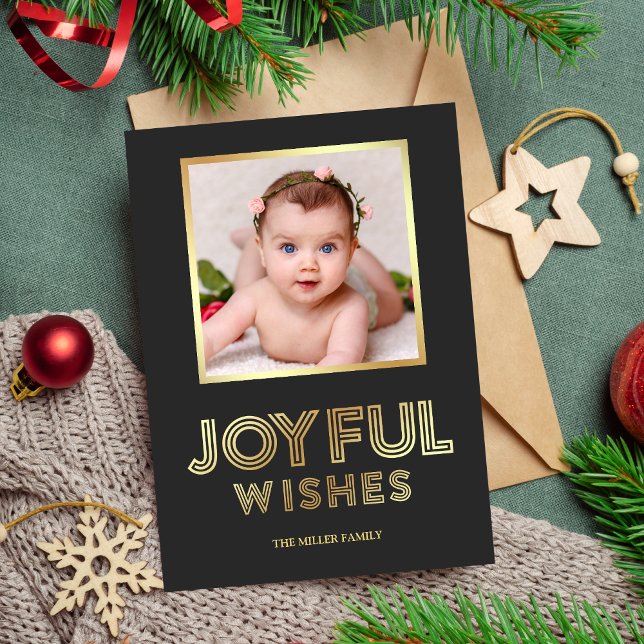 Tarjeta Festiva Deseos de Navidades alegres | Foto gris y dorada (Subido por el creador)