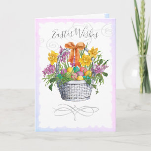 Tarjeta Festiva Deseos De Pascua Agua Huevos De Cesta Floral