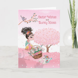 Tarjeta Festiva Deseos de Pascua Besos de conejo niña