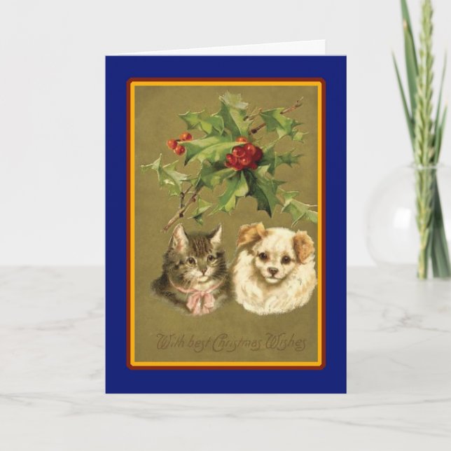 Tarjeta Festiva Deseos de perros y gatos vintage (Anverso)