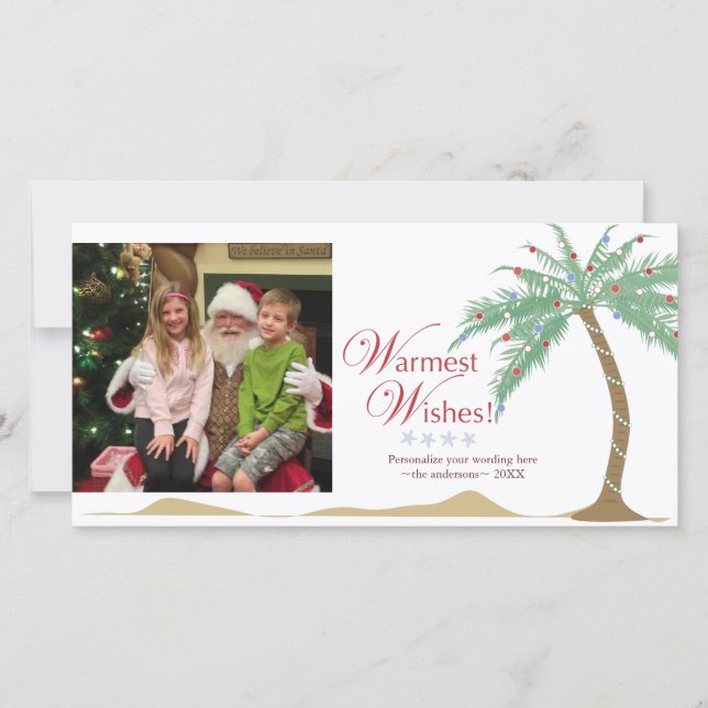 Tarjeta Festiva Deseos de vacaciones más cálidos, Navidades Beach  (Anverso)