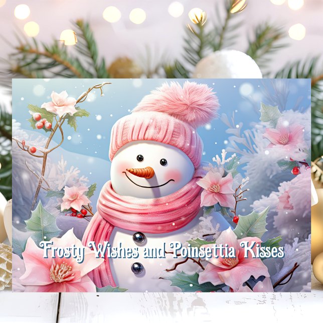 Tarjeta Festiva Deseos escarpados y Poinsettia besó a Snowman (Subido por el creador)