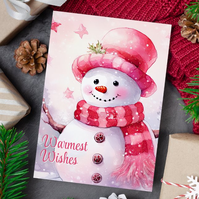 Tarjeta Festiva Deseos más cálidos Adorables Snowman rosa (Subido por el creador)