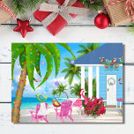 Tarjeta Festiva Deseos más cálidos Aves y Navidades de Beach House<br><div class="desc">Esta tarjeta de felicitación de vacaciones para Navidades tropicales incluye una manada adorable de pájaros coloridos y un flamenco rosa con un sombrero de Santa. Están disfrutando de su hermosa casa de playa en el océano. Saludo interno - "¡Los deseos más cálidos de nuestro paraíso de vacaciones a los tuyos!"...</div>