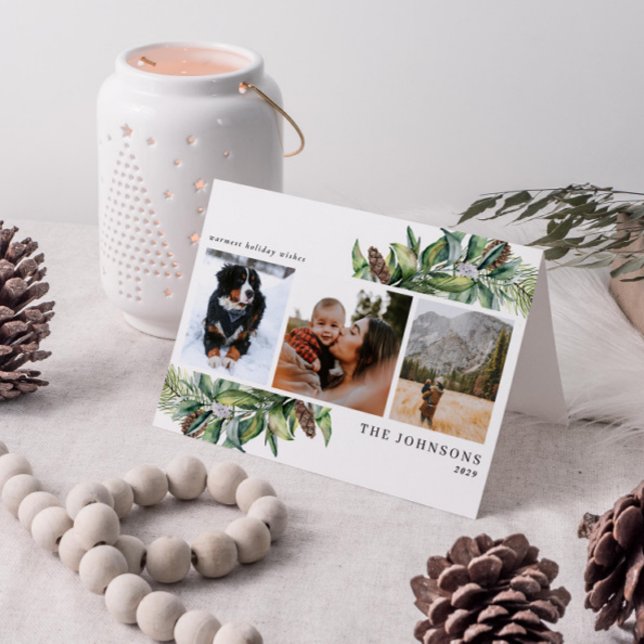 Tarjeta Festiva Deseos más cálidos Invierno Fir Cone Greenery Foto (Get into the holiday spirit with a heartfelt folded christmas card! 🎅)
