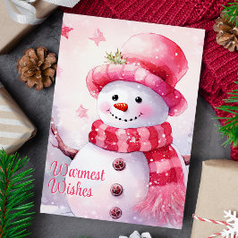 Tarjeta Festiva Deseos más Cálidos Muñeco de Nieve Rosa Adorable