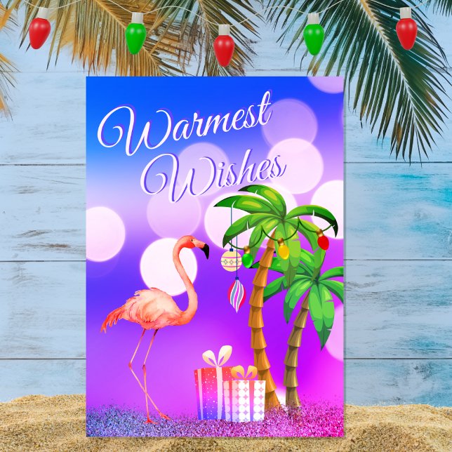 Tarjeta Festiva Deseos más cálidos Navidades Flamingo Tropical Bea (Front - Warmest Wishes Flamingo Tropical Beach Christmas Holiday Card)