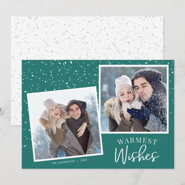 Tarjeta Festiva Deseos más cálidos Nieve Oscura Verde azulada 2 fo (Anverso / Reverso)