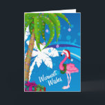 Tarjeta Festiva Deseos más cálidos Palm Trees Flamingo Beach Navid<br><div class="desc">Esta tarjeta de felicitación de vacaciones Warmest Wishes cuenta con palmeras decoradas con luces Navidades y un flamingo con un sombrero Santa colocado sobre un fondo fresco de playa abstracto azul y blanco. Saludo interno ~ Deseos más cálidos para los más fríos de los Yules Algunos gráficos por arte y@delightful-doodles.com...</div>