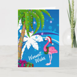 Tarjeta Festiva Deseos más cálidos Palm Trees Flamingo Beach Navid