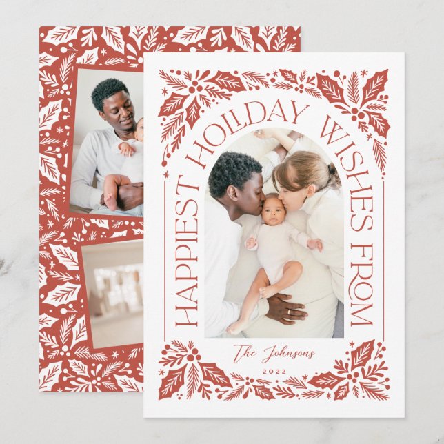 Tarjeta Festiva Deseos más felices Collage de fotos Arch Holly Ber (Anverso / Reverso)