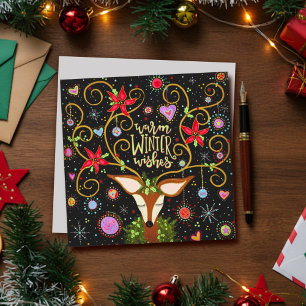 Tarjeta Festiva Deseos Navideños Florales de Reno Elegantes