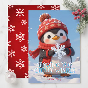 Tarjeta Festiva Deseos Navideños Fríos de Pingüino Lindo para Niño