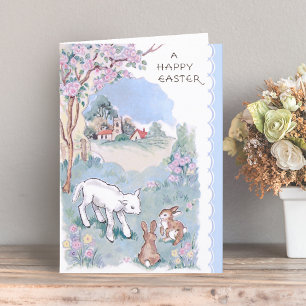 Tarjeta Festiva Deseos vintage de Feliz Pascua con cordero y conej