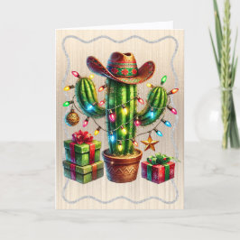 Tarjeta Festiva Desert Cactus wearing Cowboy Hat Christmas