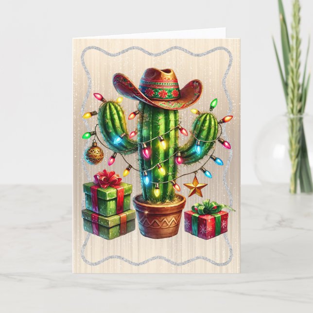 Tarjeta Festiva Desert Cactus wearing Cowboy Hat Christmas (Anverso)