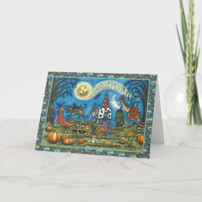 Tarjeta Festiva DESFILE DE HALLOWEEN Bruja Jirafa Cebra Esqueleto  (Anverso)