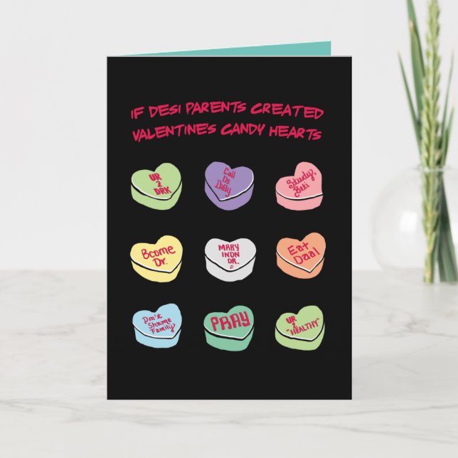 Tarjeta Festiva Desi Conversation Candy Hearts (Anverso)