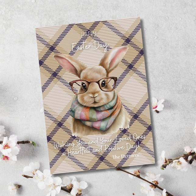 Tarjeta Festiva Deslumbramiento de Pascua: Salir a las vibraciones (Birthday Depot Party Supplies Trendy Stylish Cute Happy Easter Bunny Purple Plaid Greeting Card)
