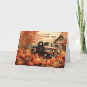 Tarjeta Festiva Día de Acción de Gracias con camioneta oxidada y c