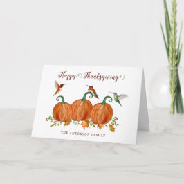 Tarjeta Festiva Día de Acción de Gracias de colibríes y calabazas