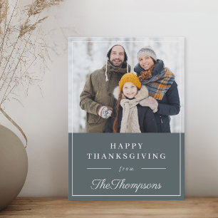 Tarjeta Festiva Día de Acción de Gracias en familia con foto azul 