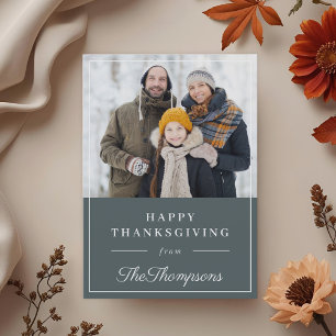Tarjeta Festiva Día de Acción de Gracias en familia con foto azul 