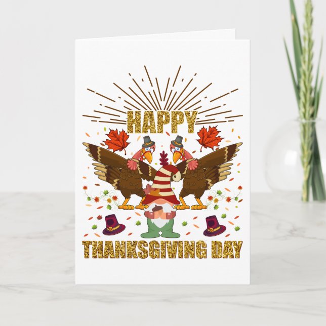 Tarjeta Festiva Día de Acción de Gracias Gnome Dabbing Turkeys (Anverso)