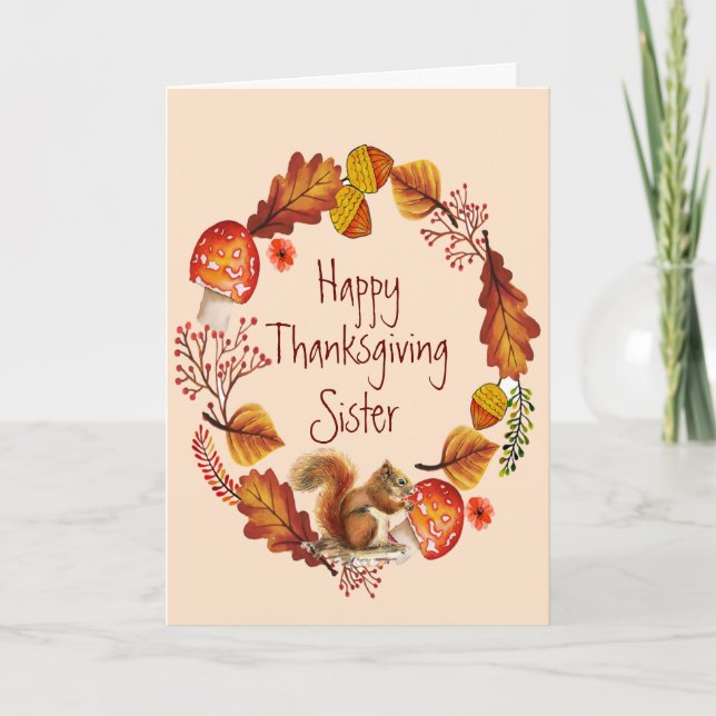 Tarjeta Festiva Día de Acción de Gracias Otoño Squirrel Wreath Her (Anverso)
