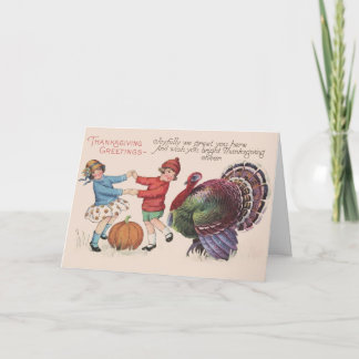 Tarjeta Festiva Día de Acción de Gracias Vintage Niños con Pavo