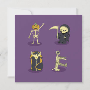 Tarjeta Festiva Día de brujas esqueleto Drácula momia segador
