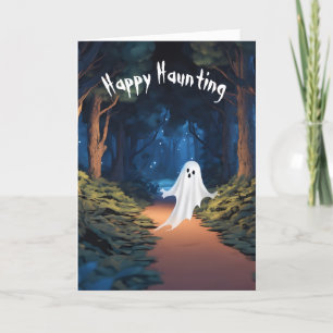 Tarjeta Festiva Día de Brujas Fantasma Blanco en el Bosque