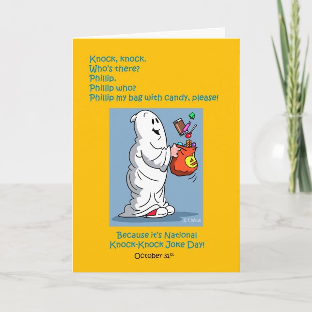 Tarjeta Festiva Día de Chiste Knock Knock Octubre 31 Halloween (Anverso)