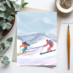 Tarjeta Festiva Día de esquí Montaña de invierno en acuarela