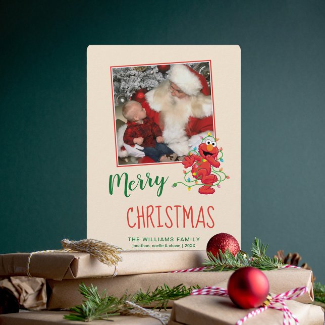 Tarjeta Festiva Día de fiesta del Sesame Street el | Elmo con la (Card next to presents)