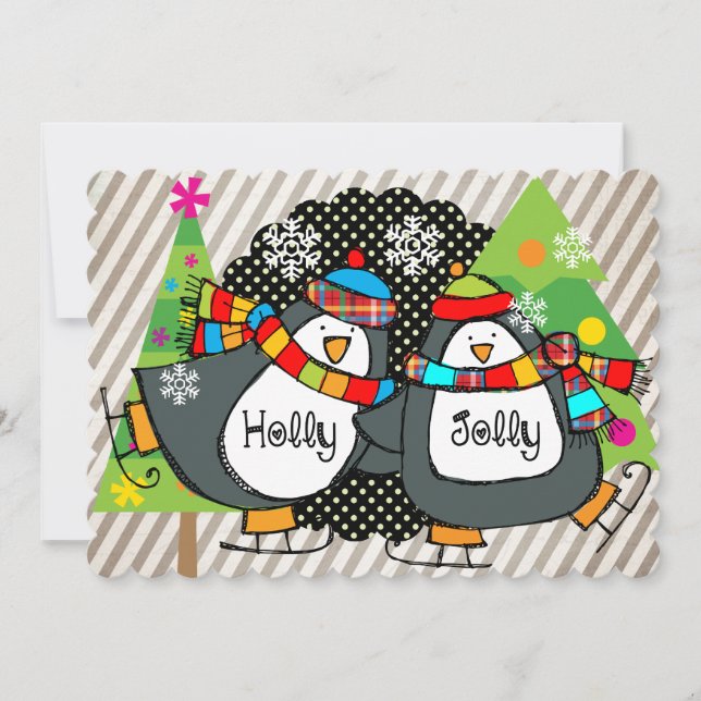 Tarjeta Festiva Día de fiesta patinador alegre de los pingüinos (Anverso)