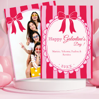 Tarjeta Festiva Día de Galentine con lazo rosa y foto personalizad