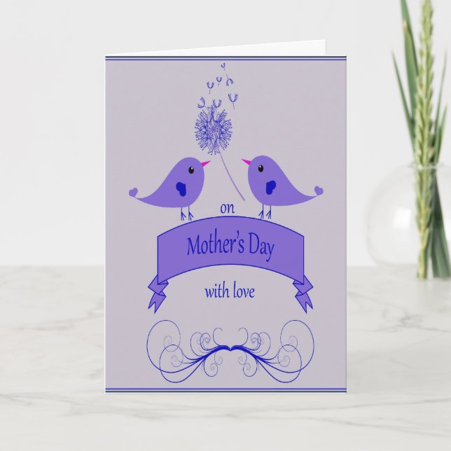 Tarjeta Festiva Día de la Madre con Amor y Aves Azules (Anverso)