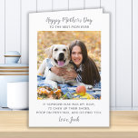Tarjeta Festiva Día de la Madre de mamá de perro fotográfico Masco<br><div class="desc">¡Feliz Día de la Madre, la mejor madre de perro de todos los tiempos! Dale a mamá una linda y divertida tarjeta de foto personalizada de su mejor amiga. "Feliz Día de la Madre a la Mejor Mamá que nunca ~ Si alguien más fuera mi madre, masticaría sus zapatos, tocaría...</div>
