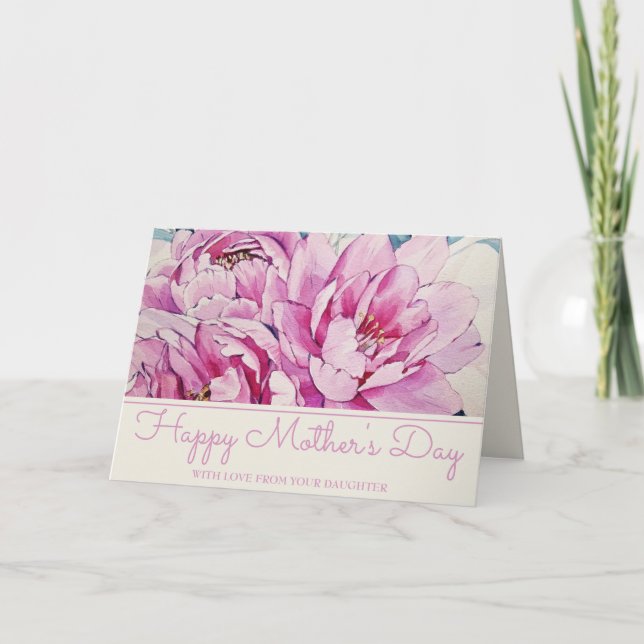 Tarjeta Festiva Día de la Madre de peoneses rosados pintados (Anverso)