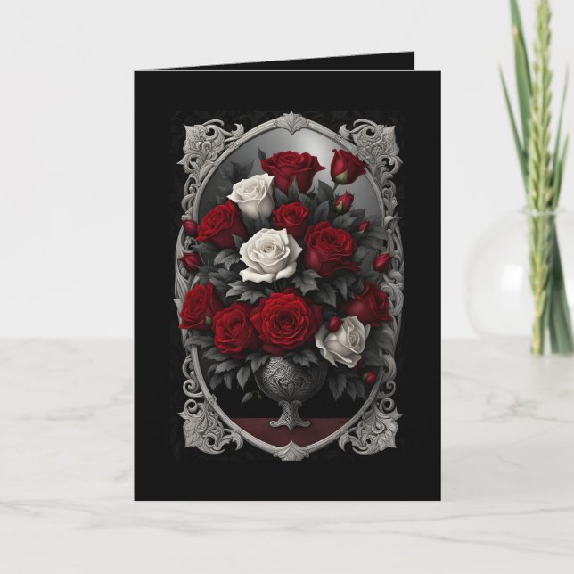 Tarjeta Festiva Día de la Madre de Rosas Góticos Rojos y Blancos (Anverso)