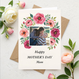 Tarjeta Festiva Día de la Madre Floral Rosa Burdeos Verde Salvia