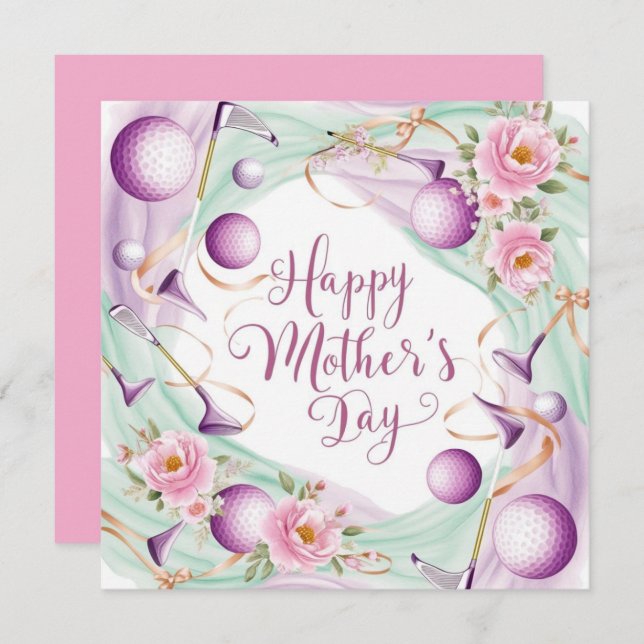 Tarjeta Festiva Día de la Madre Golf con flores y pelotas para mam (Anverso / Reverso)