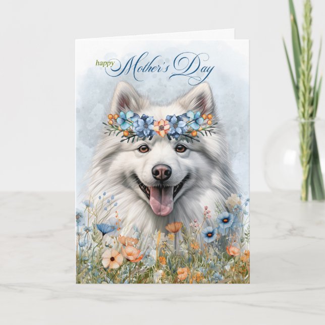 Tarjeta Festiva Día de la Madre: perro esquimal americano con flor (Anverso)