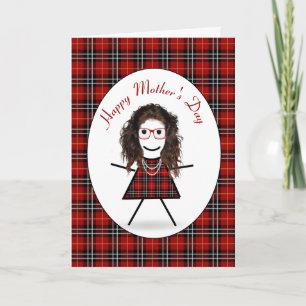 Tarjeta Festiva Día de la Madre Stick Girl sobre tartán de cuadros