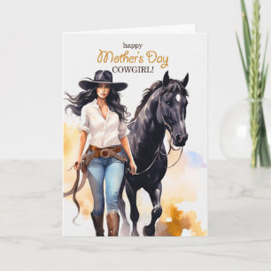 Tarjeta Festiva Día de la Madre Vaquera y Caballo Negro