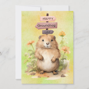 Tarjeta Festiva Día de la marmota acuarela