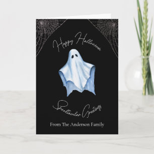 Tarjeta Festiva Día de las Brujas Sábana Blanca Fantasma y Telarañ