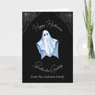 Tarjeta Festiva Día de las Brujas Sábana Blanca Fantasma y Telarañ