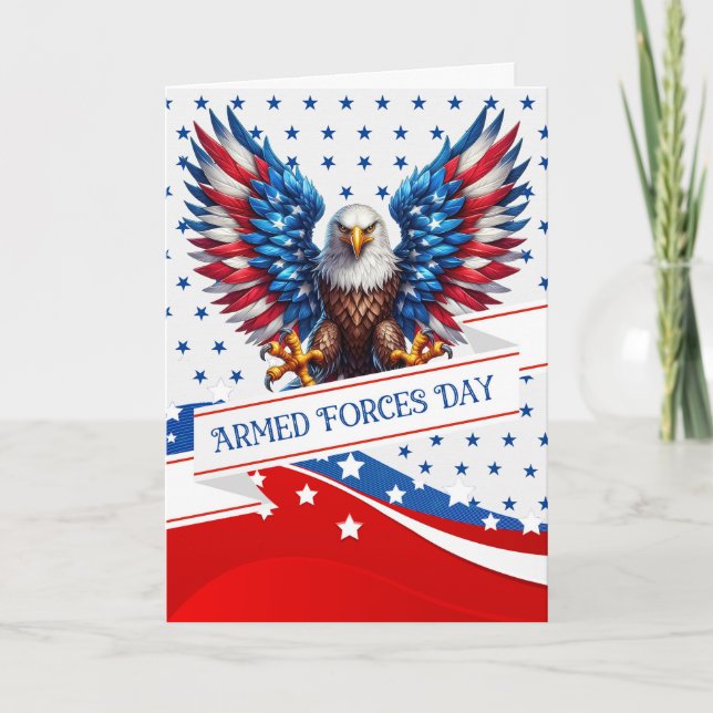 Tarjeta Festiva Día de las Fuerzas Armadas Águila Patriótica Azul  (Anverso)